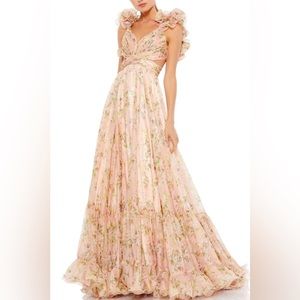 Mac Duggal RUFFLE TIERED FLORAL CUT-OUT CHIFFON GOWN in Pink Multi